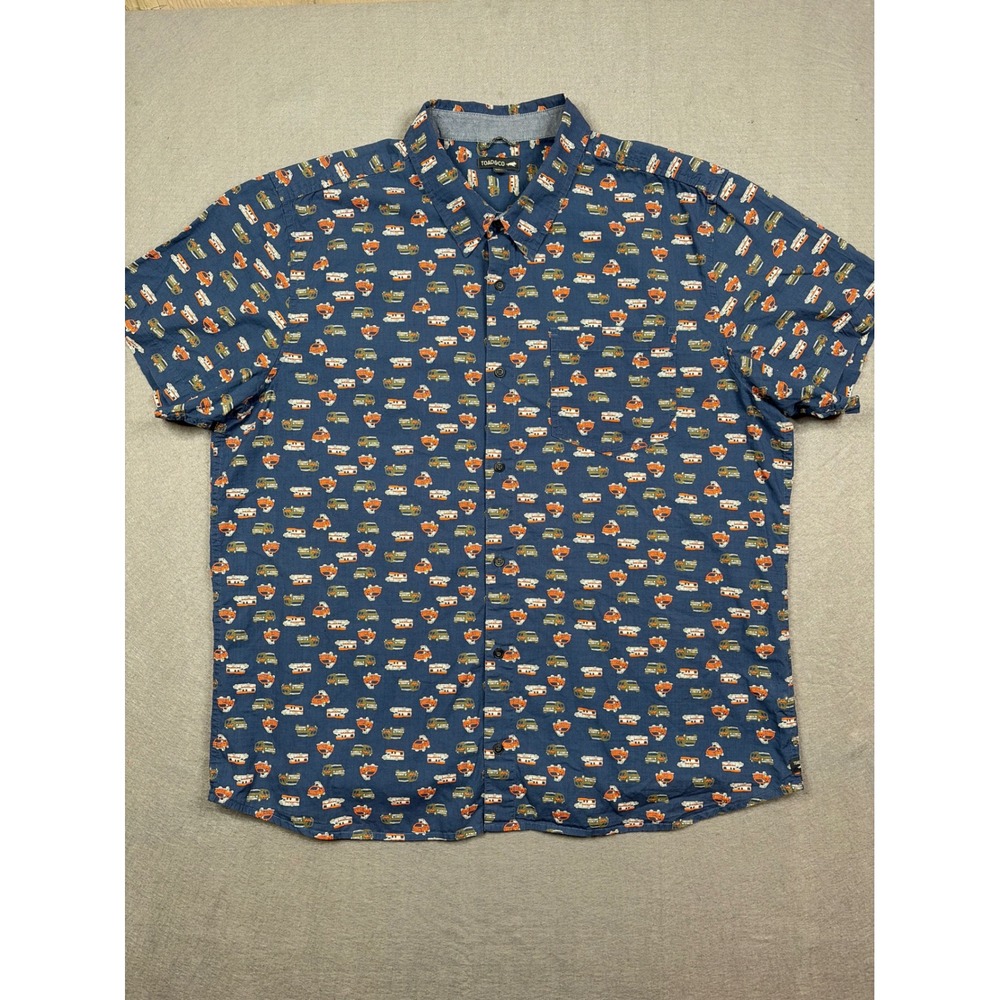 Toad&Co Mens XXL Navy Blue Camper Van RV Print Organic Cotton Short Sleeve Shirt